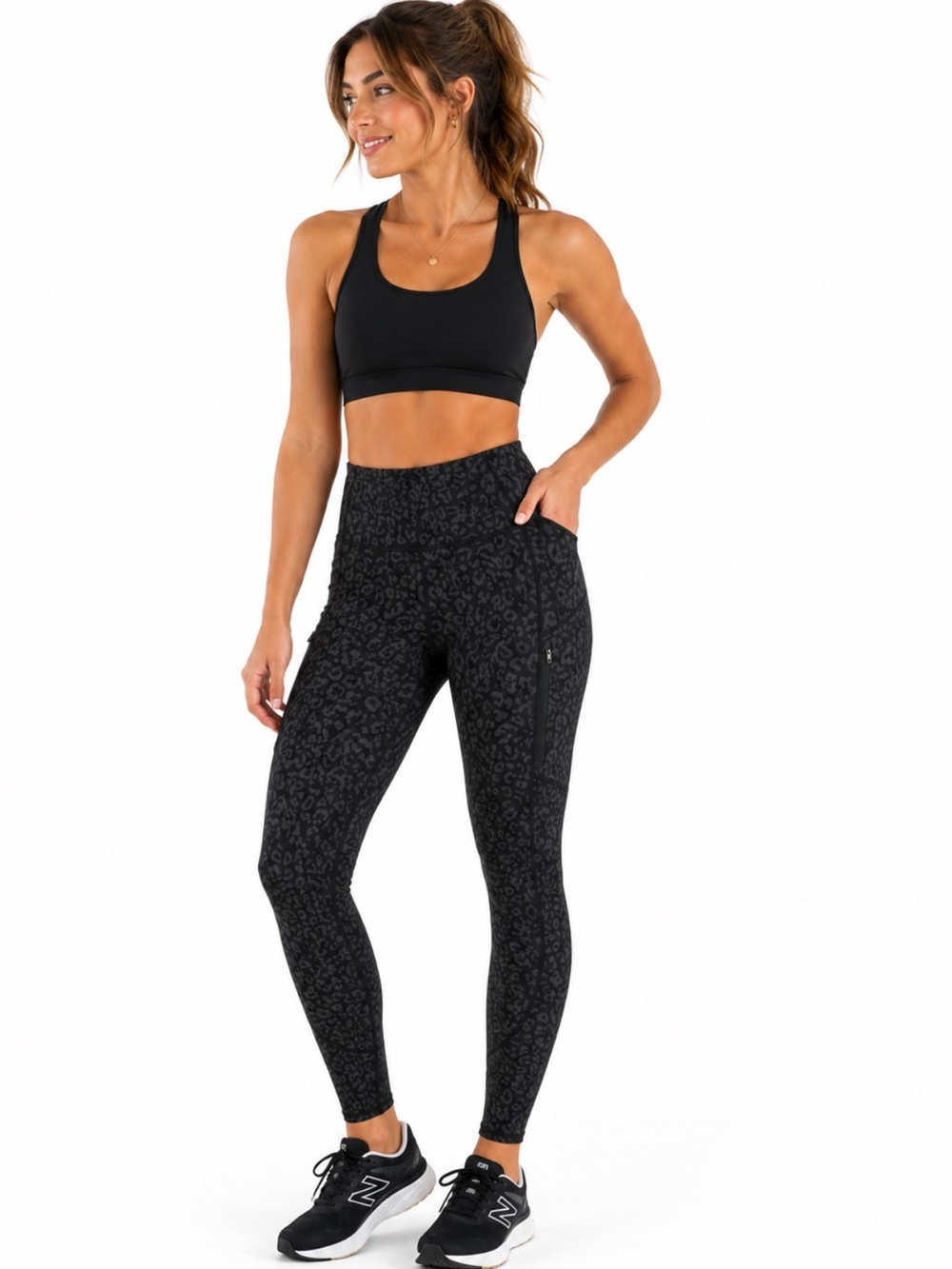 Athleta Rainier Reflective Tight Black Leopard Zip Pockets Size L